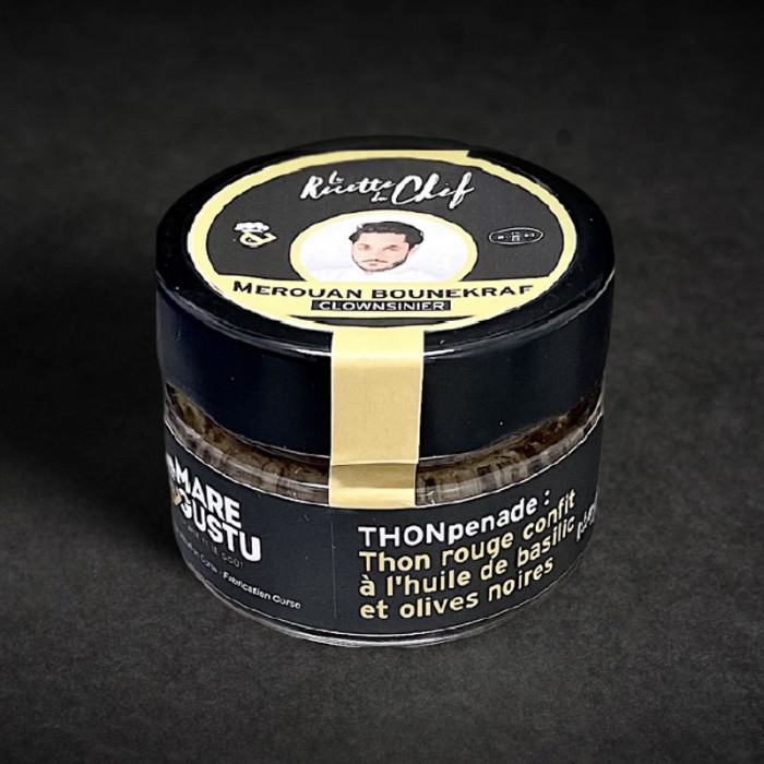 THONPENADE - THON ROUGE CORSE CONFIT HUILE DE BASILIC ET OLIVES NOIRS CREATION DU CHEF MEROUAN BOUNEKRAF 90G - MARE & GUSTU THONPENADE - THON ROUGE CORSE CONFIT HUILE DE BASILIC ET OLIVES NOIRS CREATION DU CHEF MEROUAN BOUNEKRAF 90G - MARE & GUSTU