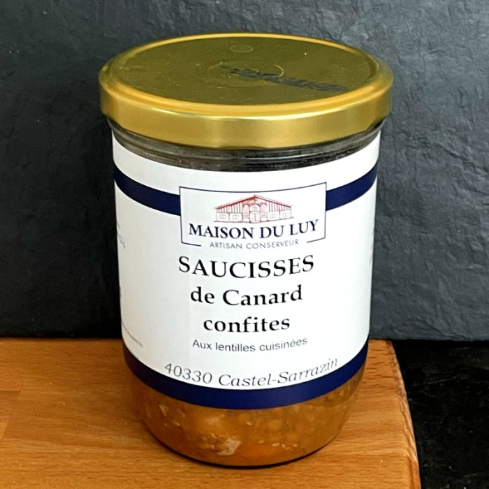 Saucisses de canard confites aux lentilles cuisinées - Maison du Luy